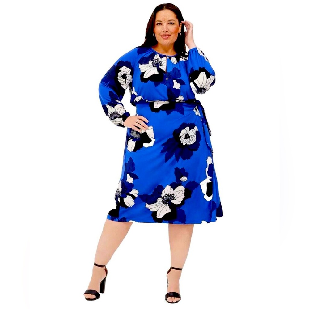 Lane Bryant Key Hole Neck Floral Faux Wrap Tie Midi Dress Blue Black Size 22/24